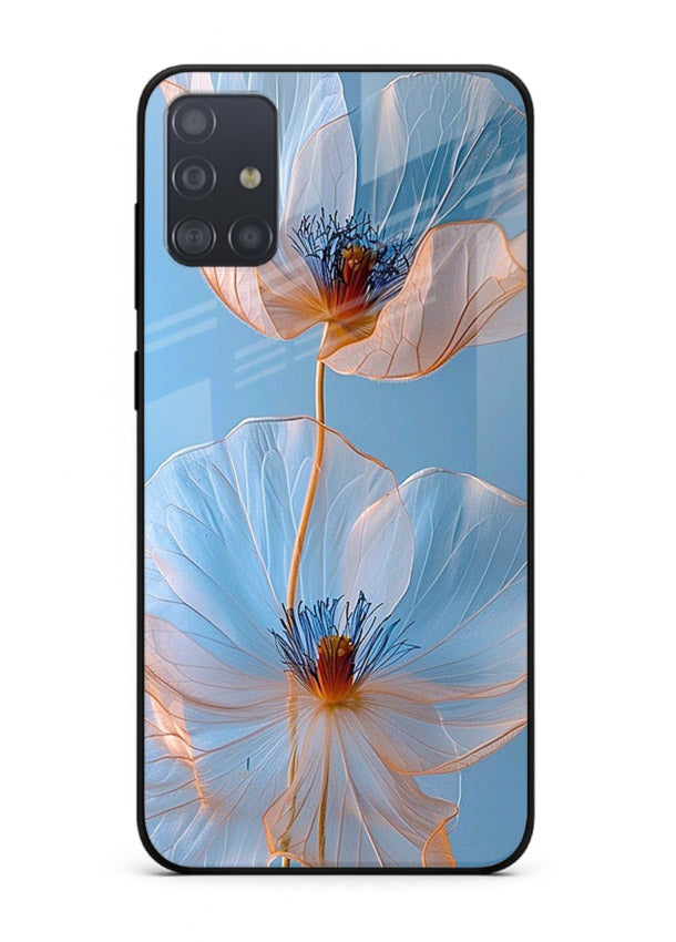 Blue-pink poppy artwork on Samsung A71 glass back cover with expressive floral shading.