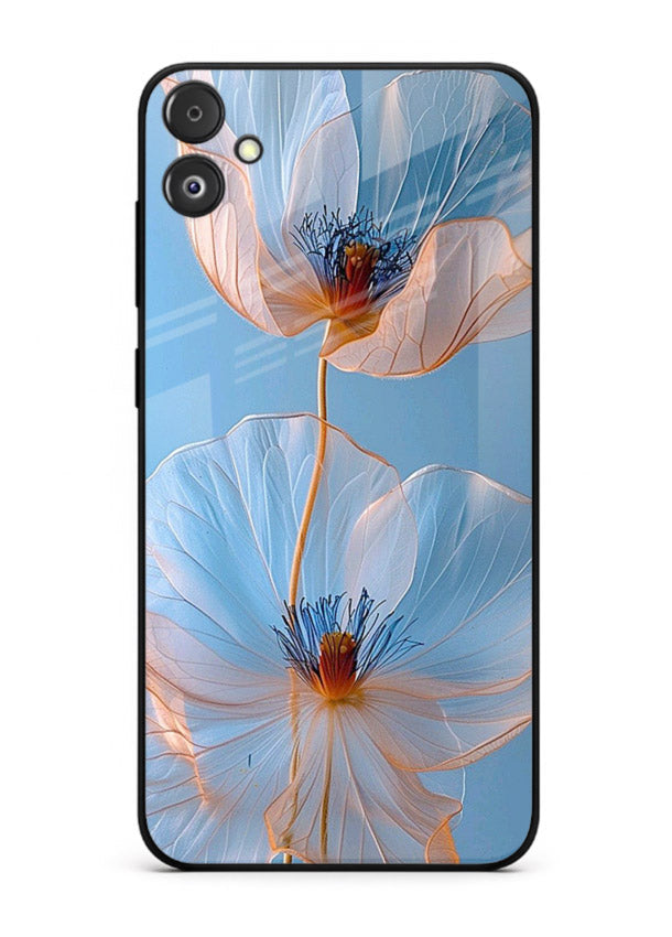 Blue-pink poppy artwork on Samsung F04 5G glass back cover with expressive floral shading.