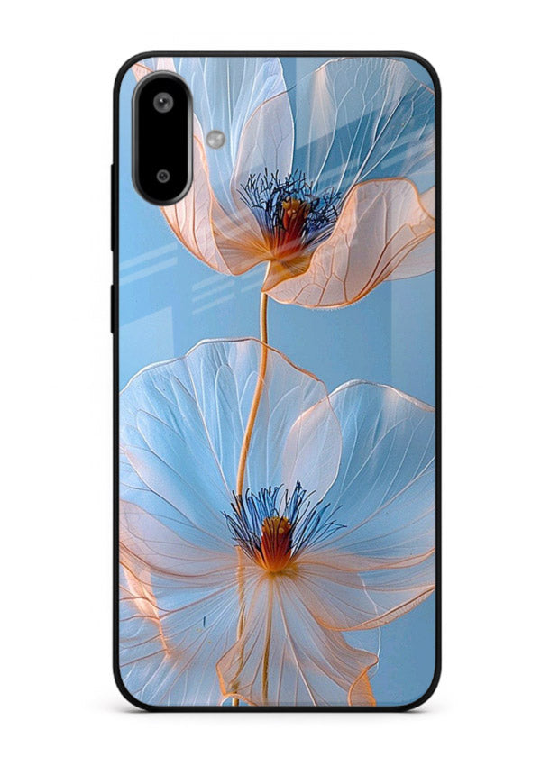 Blue-pink poppy artwork on Samsung F06 5G glass back cover with expressive floral shading.