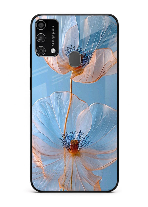 Blue-pink poppy artwork on Samsung F41 glass back cover with expressive floral shading.