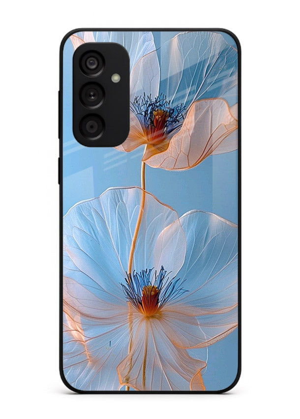 Blue-pink poppy artwork on Samsung A14 5G glass back cover with expressive floral shading.