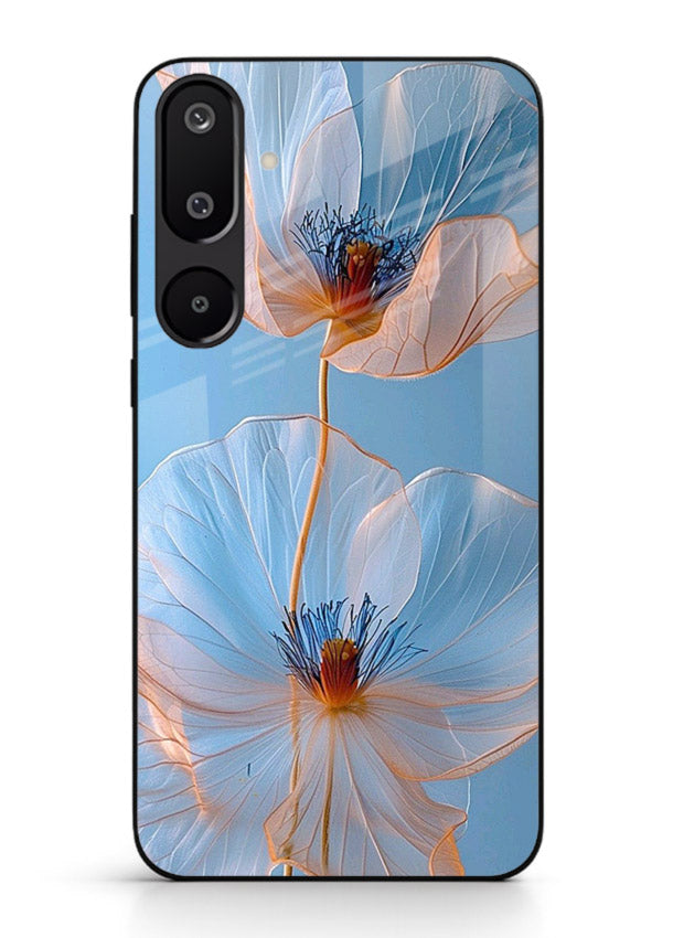 Blue-pink poppy artwork on Samsung F16 5G glass back cover with expressive floral shading.