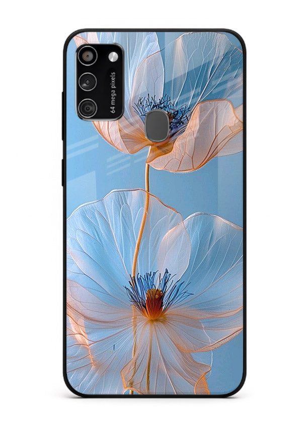 Blue-pink poppy artwork on Samsung M30s glass back cover with expressive floral shading.