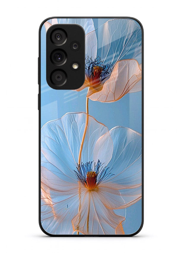 Blue-pink poppy artwork on Samsung A73 5G glass back cover with expressive floral shading.