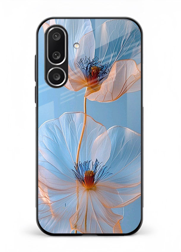 Blue-pink poppy artwork on Samsung M36 5G glass back cover with expressive floral shading.