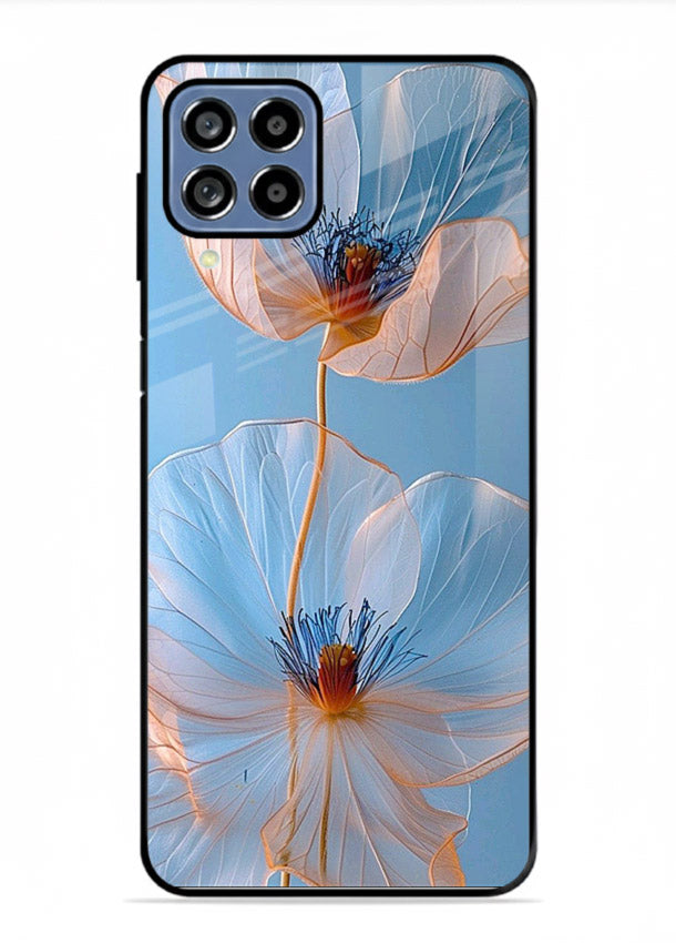 Blue-pink poppy artwork on Samsung F62 glass back cover with expressive floral shading.