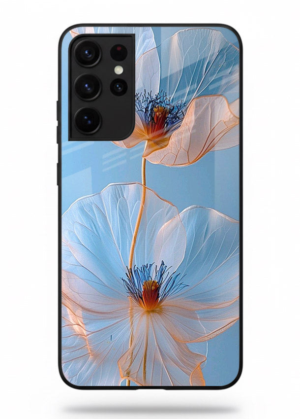 Blue-pink poppy artwork on Samsung S21 Ultra glass back cover with expressive floral shading.