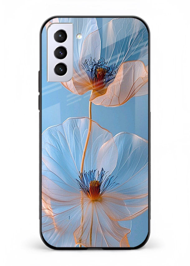 Blue-pink poppy artwork on Samsung S21 FE glass back cover with expressive floral shading.