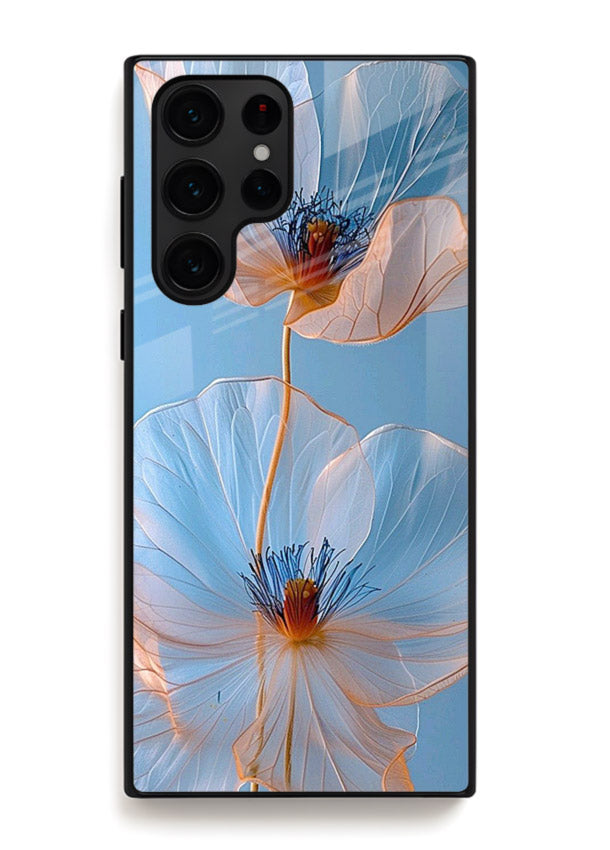 Blue-pink poppy artwork on Samsung S25 Ultra glass back cover with expressive floral shading.