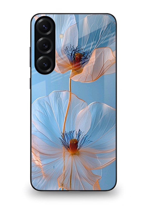 Blue-pink poppy artwork on Samsung A16 5G glass back cover with expressive floral shading.