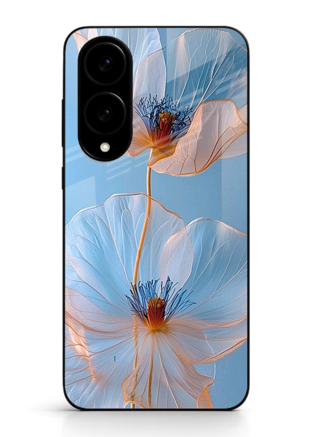 Blue-pink poppy artwork on Samsung S25 Edge glass back cover with expressive floral shading.