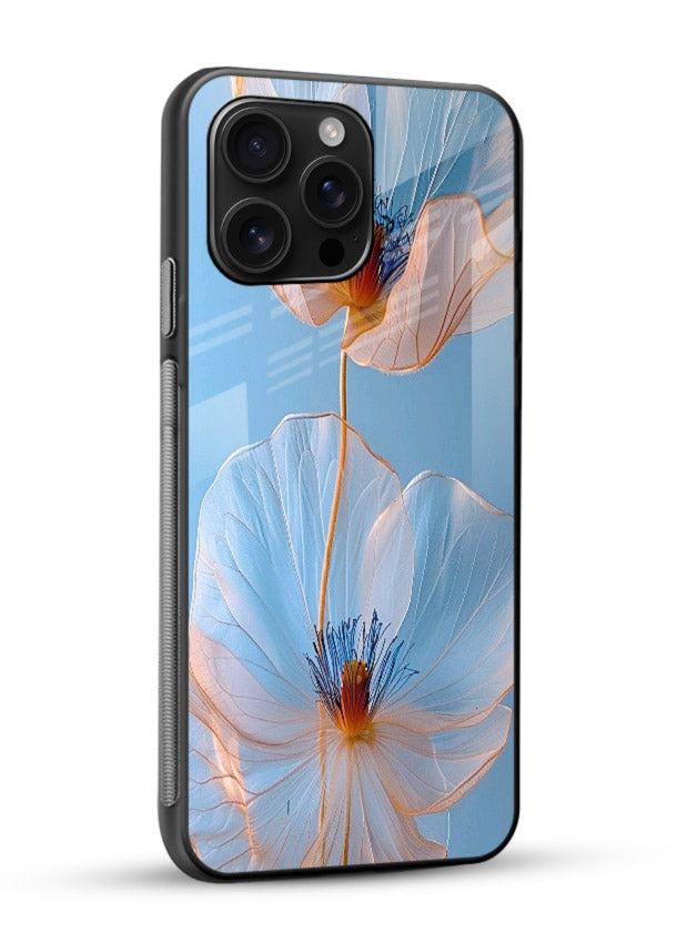 Blue-pink poppy artwork on glossy vibrant premium glass back cover with expressive floral shading. - Angle Side