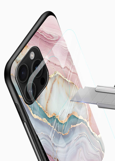 BlueGold Marble Veins glossy vibrant premium glass back cover with rich blue and gold marble veining - Angle Blade