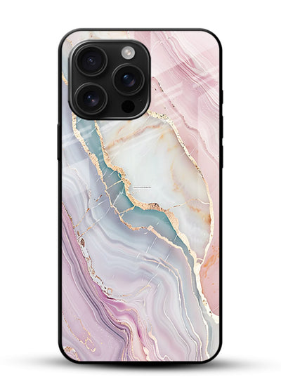 BlueGold Marble Veins glossy vibrant premium glass back cover with rich blue and gold marble veining - Angle Front