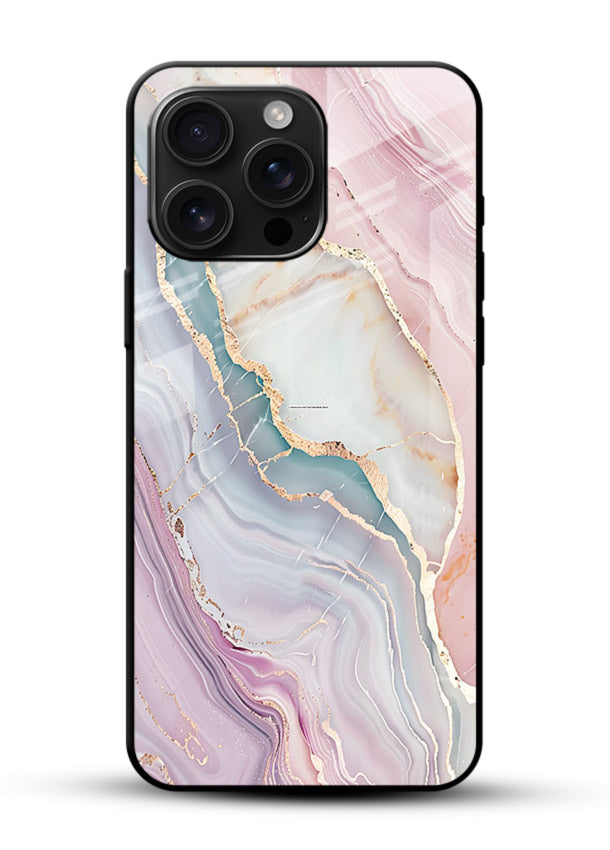 BlueGold Marble Veins glossy vibrant premium glass back cover with rich blue and gold marble veining - Angle Front