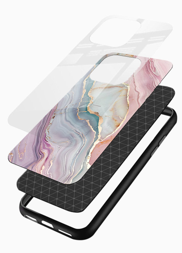 BlueGold Marble Veins glossy vibrant premium glass back cover with rich blue and gold marble veining - Angle Layers
