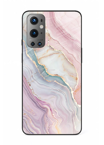 BlueGold Marble Veins OnePlus 9 glass back cover with rich blue and gold marble veining