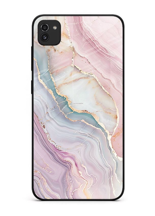 BlueGold Marble Veins Samsung A03 glass back cover with rich blue and gold marble veining