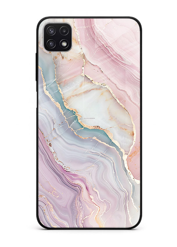 BlueGold Marble Veins Samsung F42 5G glass back cover with rich blue and gold marble veining