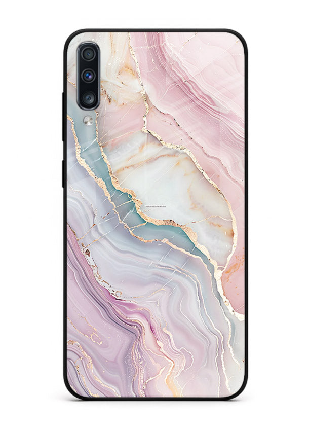 BlueGold Marble Veins Samsung A50 glass back cover with rich blue and gold marble veining