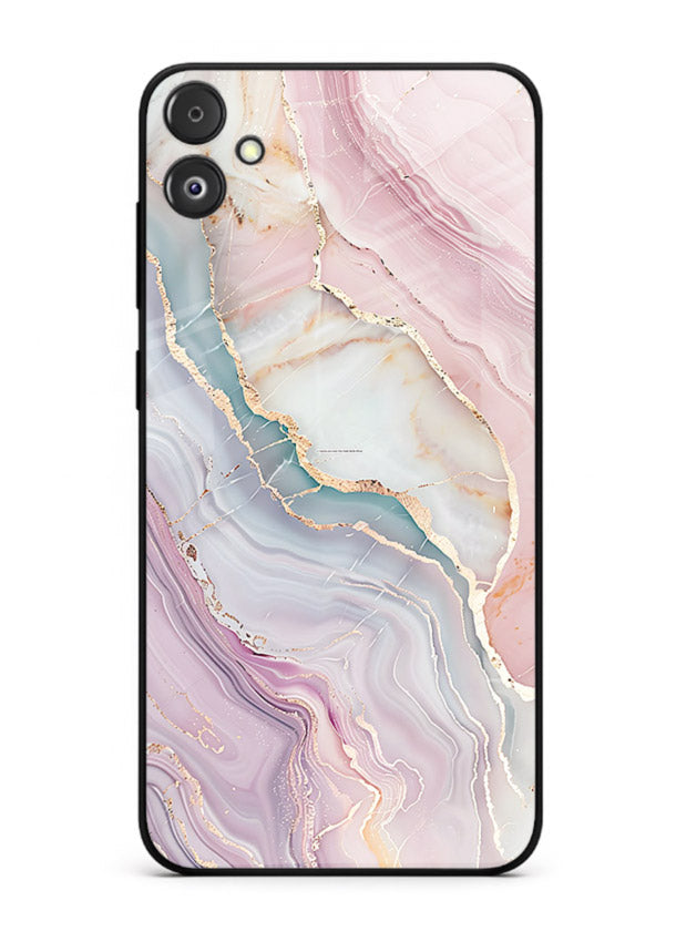 BlueGold Marble Veins Samsung F04 5G glass back cover with rich blue and gold marble veining