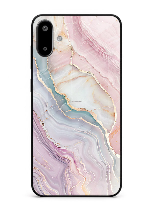 BlueGold Marble Veins Samsung F06 5G glass back cover with rich blue and gold marble veining
