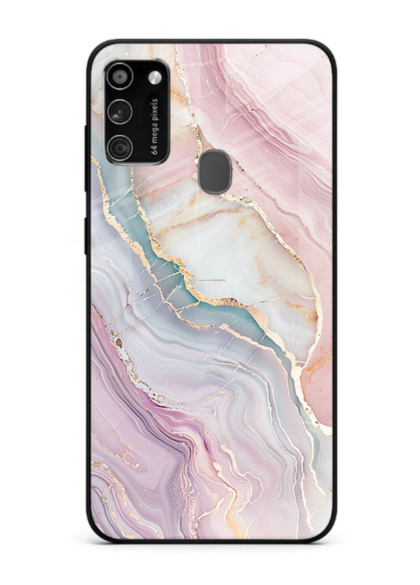 BlueGold Marble Veins Samsung M30s glass back cover with rich blue and gold marble veining