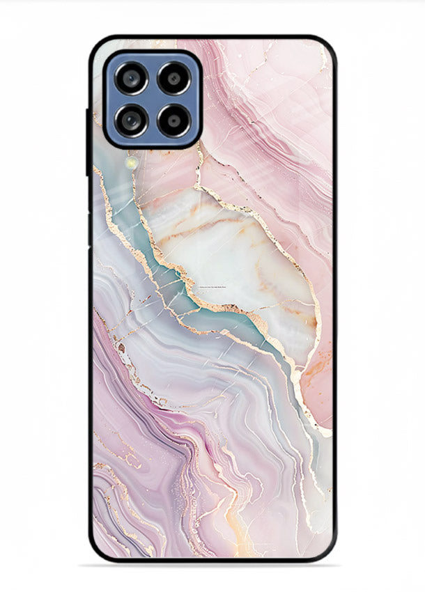 BlueGold Marble Veins Samsung F12 5G glass back cover with rich blue and gold marble veining