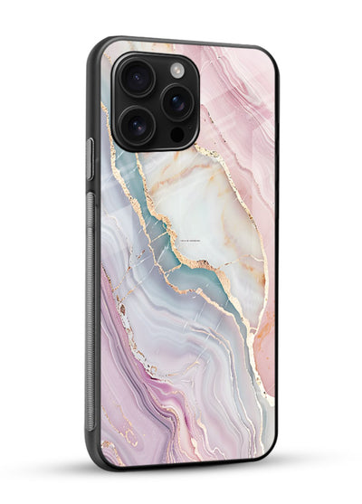 BlueGold Marble Veins glossy vibrant premium glass back cover with rich blue and gold marble veining - Angle Side