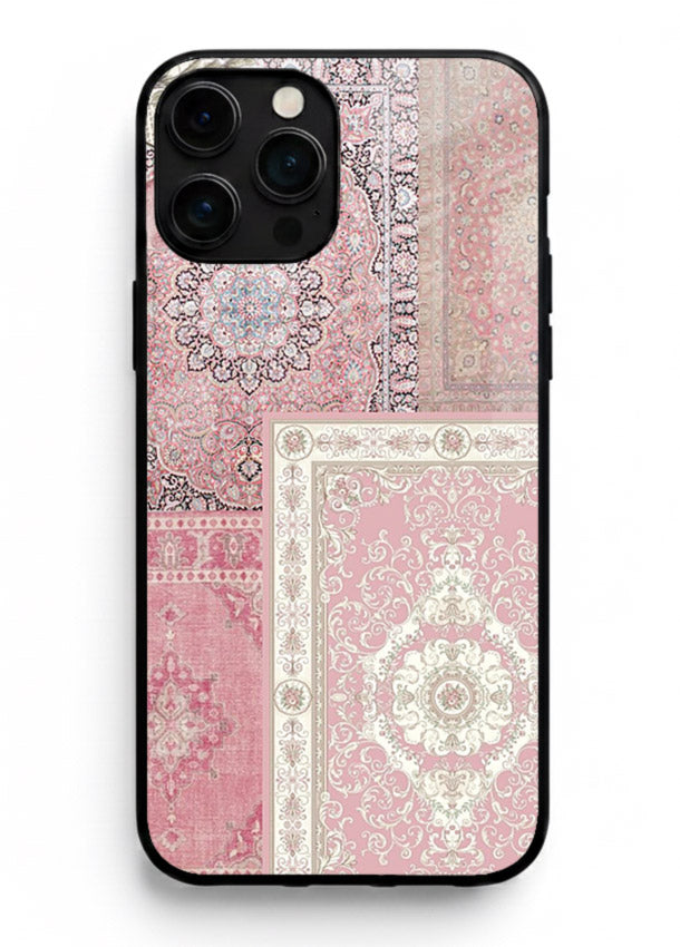Pink mandala patchwork artwork printed on glossy tempered glass iPhone 16 Pro Max back cover