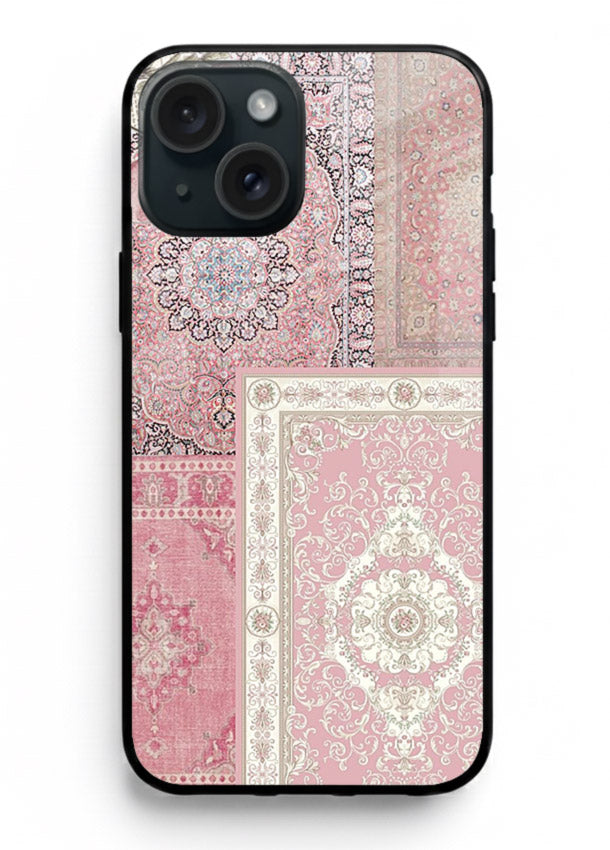 Pink mandala patchwork artwork printed on glossy tempered glass iPhone 15 Plus back cover