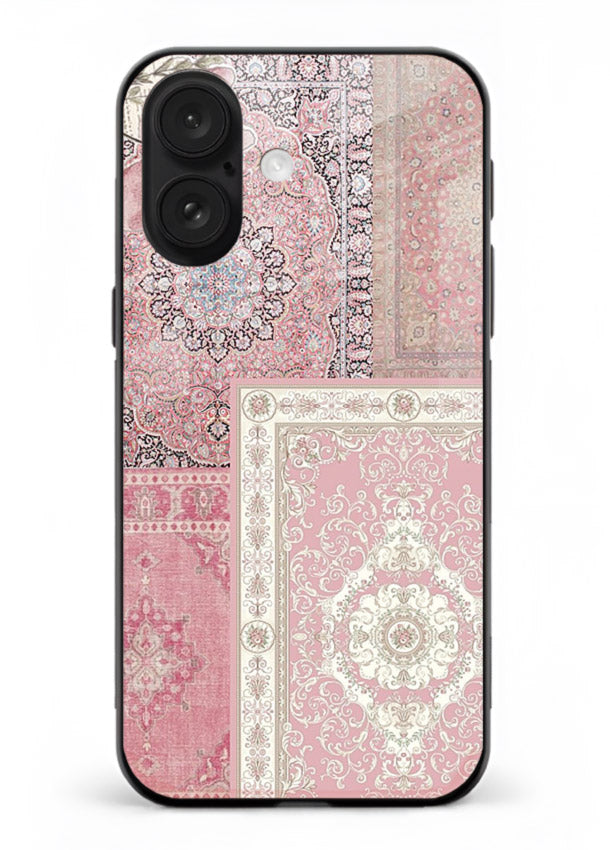Pink mandala patchwork artwork printed on glossy tempered glass iPhone 16 back cover