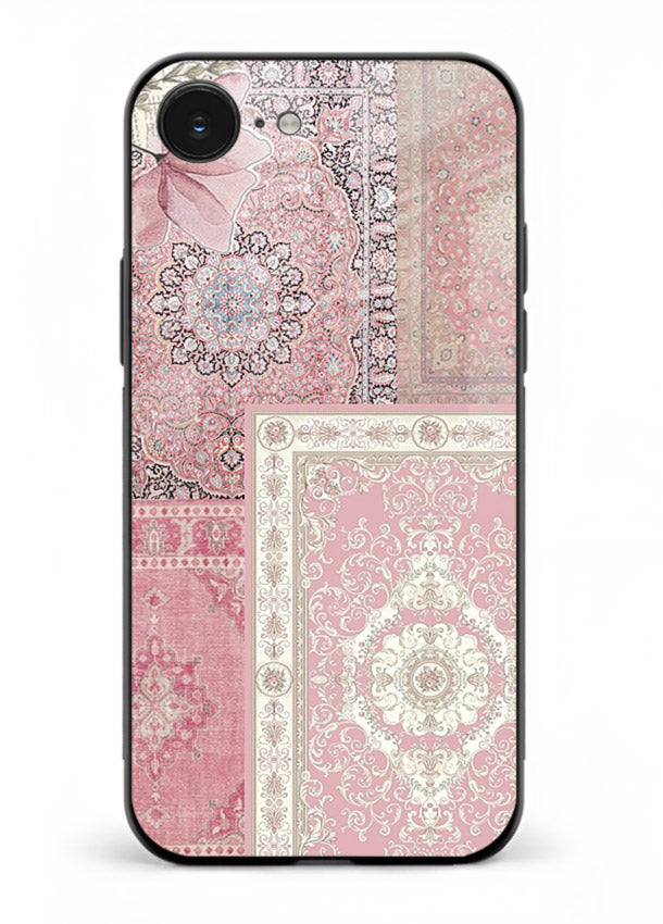 Pink mandala patchwork artwork printed on glossy tempered glass iPhone 16E back cover