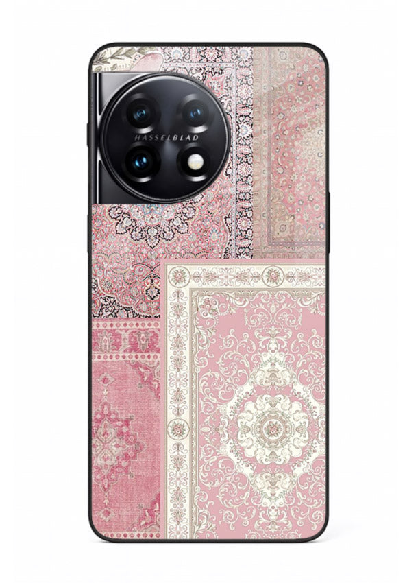 Pink mandala patchwork artwork printed on glossy tempered glass OnePlus 11 back cover