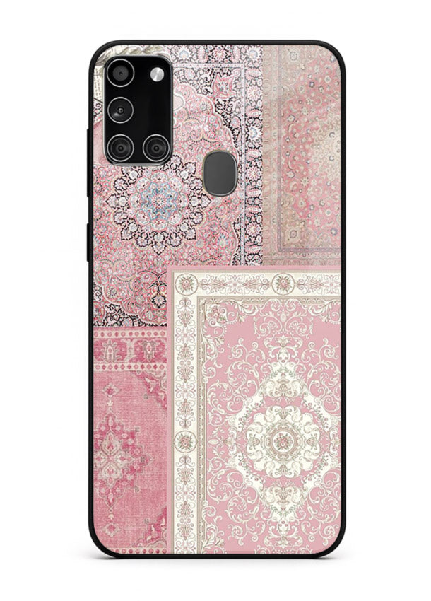 Pink mandala patchwork artwork printed on glossy tempered glass Samsung A21s back cover
