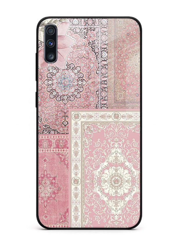 Pink mandala patchwork artwork printed on glossy tempered glass Samsung A70 back cover