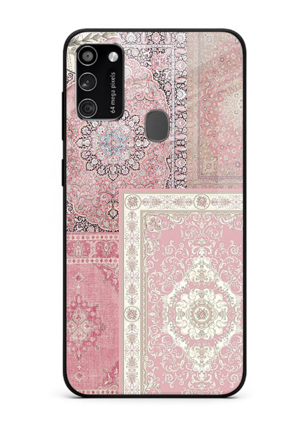 Pink mandala patchwork artwork printed on glossy tempered glass Samsung M30s back cover