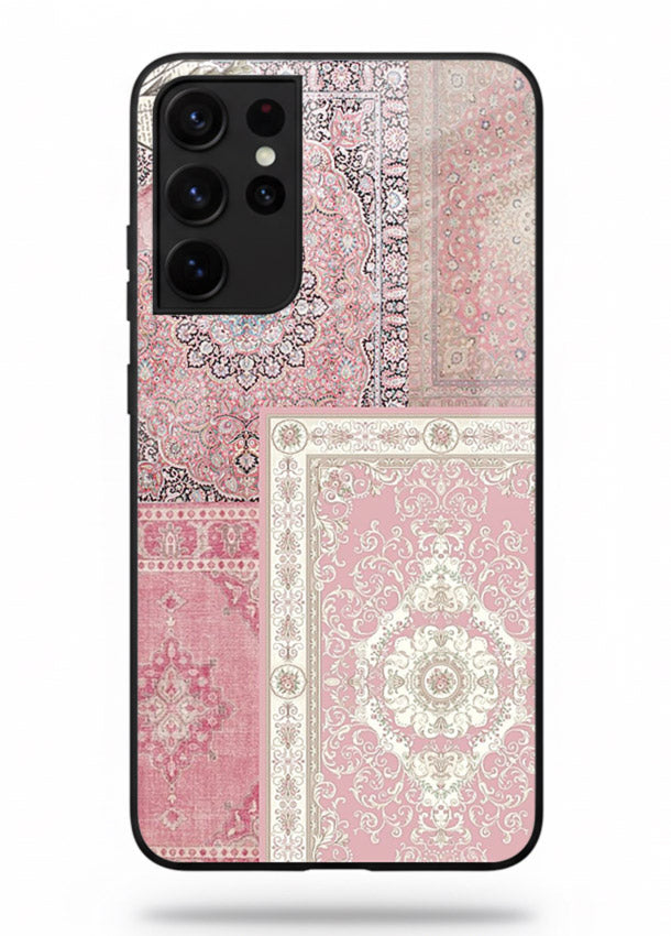 Pink mandala patchwork artwork printed on glossy tempered glass Samsung S21 Ultra back cover