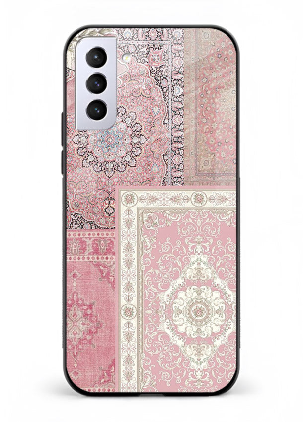 Pink mandala patchwork artwork printed on glossy tempered glass Samsung S21 Plus back cover