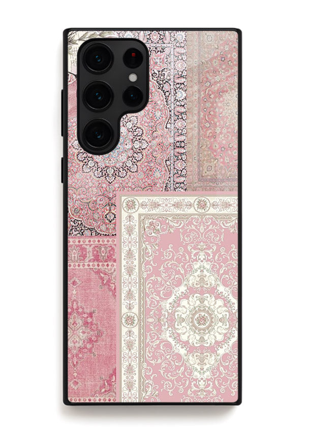 Pink mandala patchwork artwork printed on glossy tempered glass Samsung S22 Ultra back cover