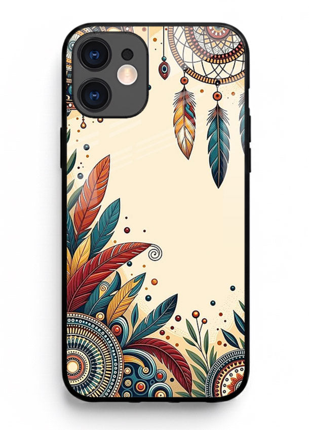 Boho dreamcatcher floral artwork on iphone 12 glass back cover with airy botanical details.
