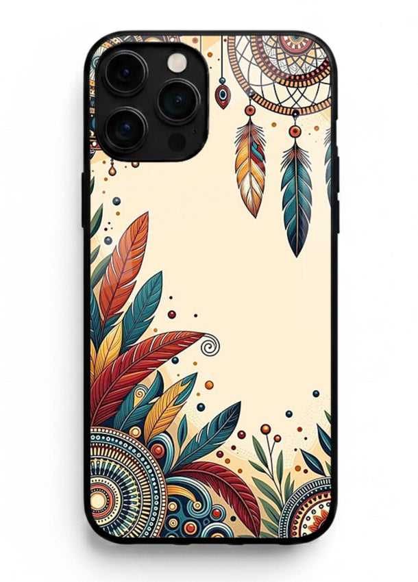 Boho dreamcatcher floral artwork on iphone 16 pro max glass back cover with airy botanical details.