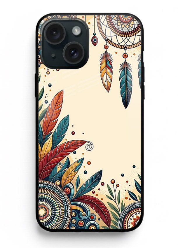 Boho dreamcatcher floral artwork on iphone 14 plus glass back cover with airy botanical details.