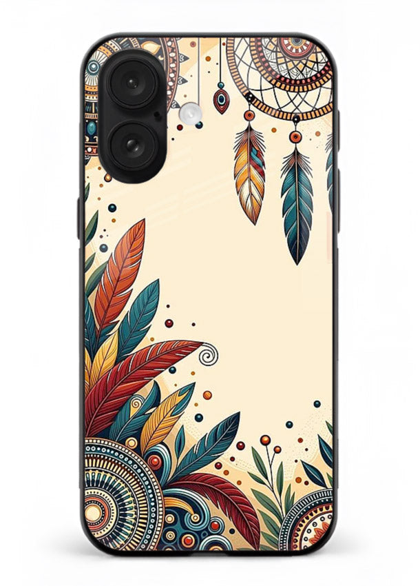 Boho dreamcatcher floral artwork on iphone 18 glass back cover with airy botanical details.