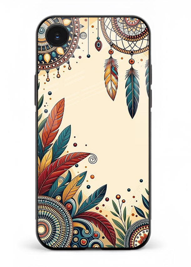 Boho dreamcatcher floral artwork on iphone 16e glass back cover with airy botanical details.