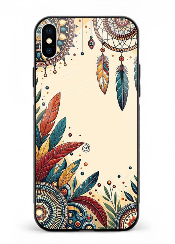Boho dreamcatcher floral artwork on iphone xs max glass back cover with airy botanical details.