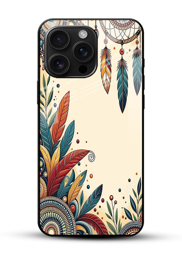 Boho dreamcatcher floral artwork on glossy vibrant premium glass back cover with airy botanical details. - Angle Front