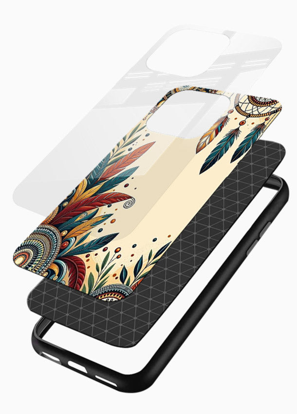 Boho dreamcatcher floral artwork on glossy vibrant premium glass back cover with airy botanical details. - Angle Layers