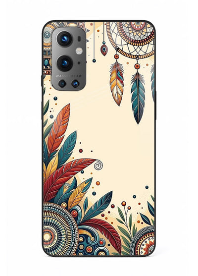 Boho dreamcatcher floral artwork on OnePlus 9 glass back cover with airy botanical details.