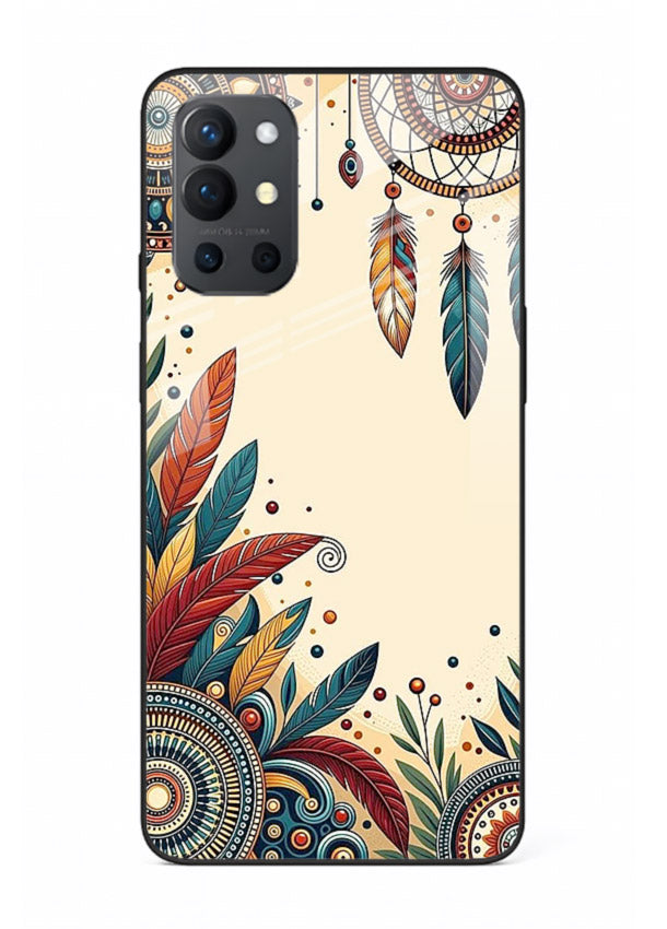 Boho dreamcatcher floral artwork on OnePlus 9R glass back cover with airy botanical details.